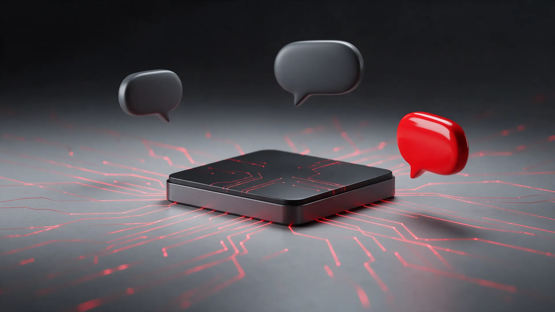 Chip de inteligencia artificial con circuitos rojos y burbujas de conversación