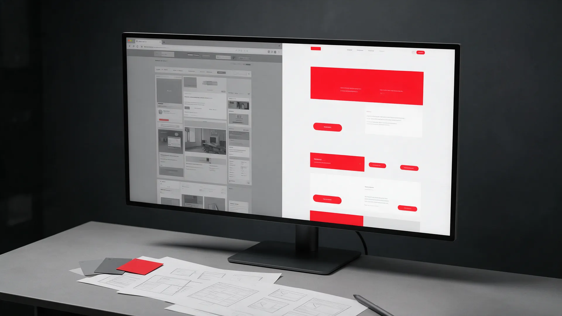 Monitor que muestra un sitio web antiguo junto a su versión rediseñada