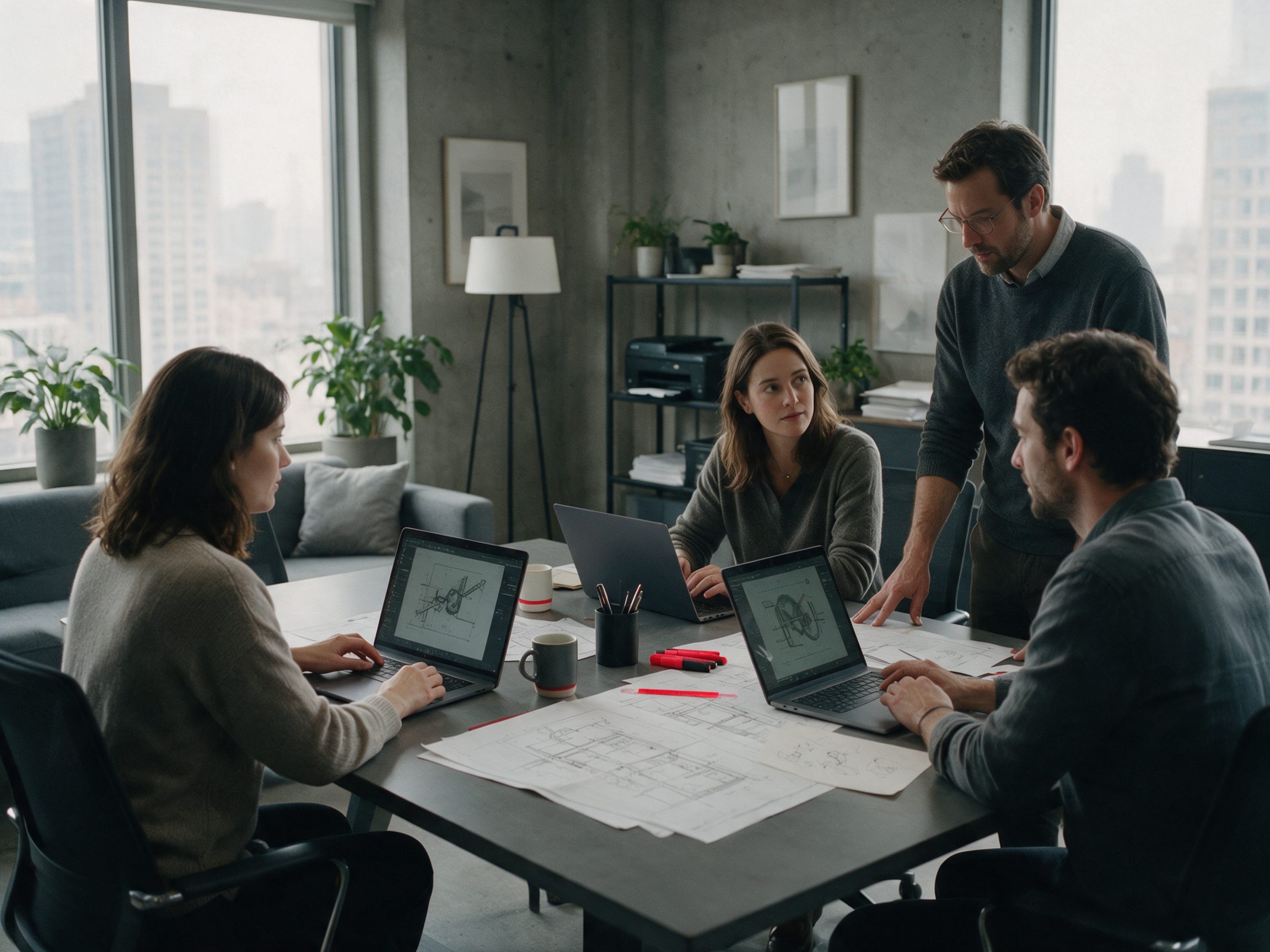 Equipo de trabajo revisando planos técnicos y computadoras portátiles