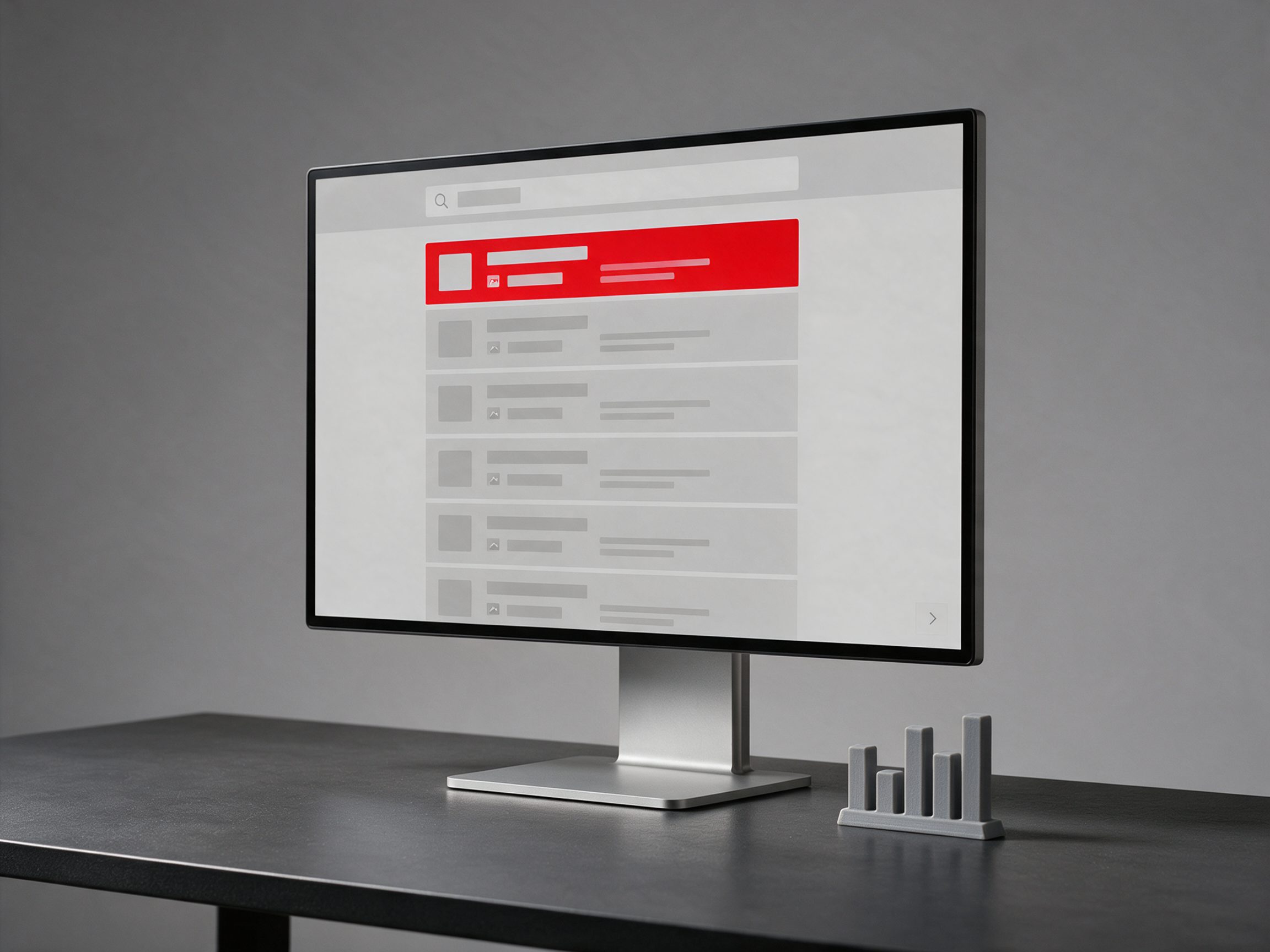 Monitor mostrando una lista de resultados de búsqueda con el primero destacado