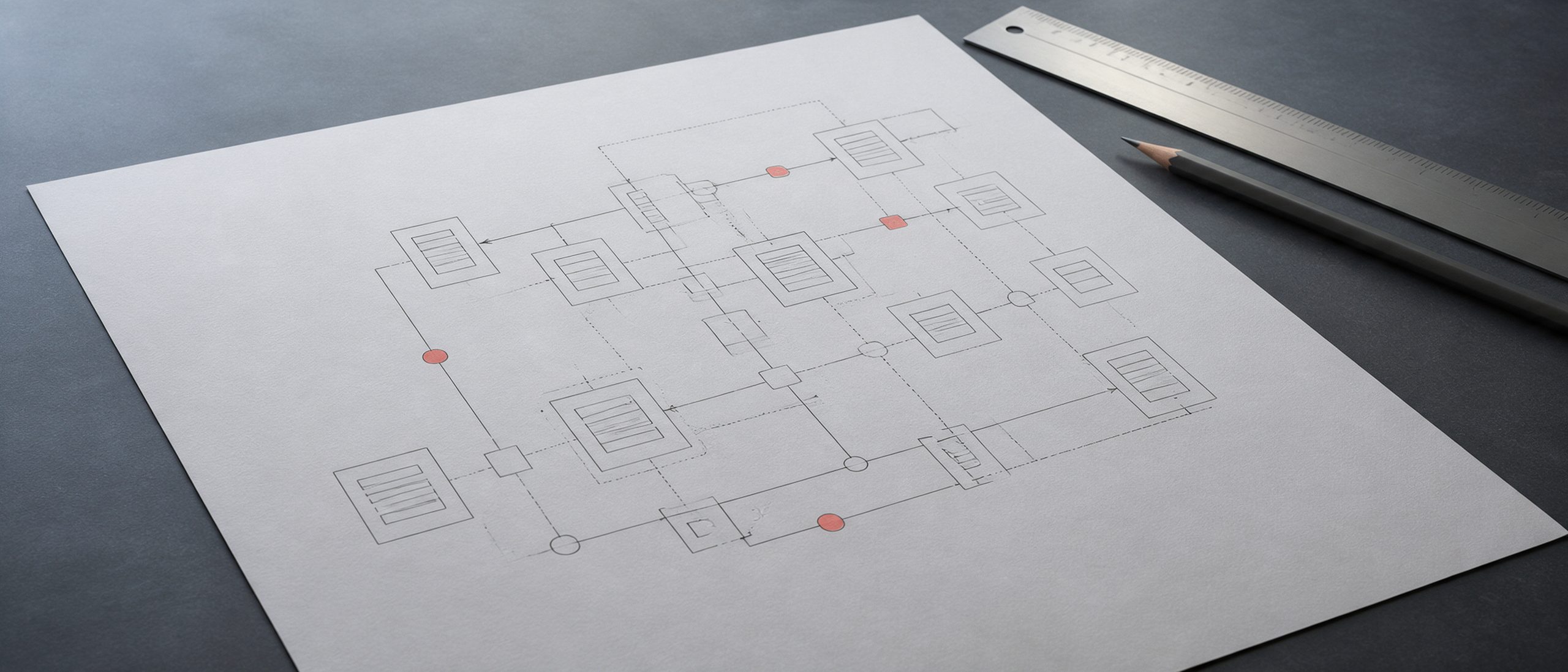 Plano técnico con un diagrama de arquitectura de cajas y líneas de flujo