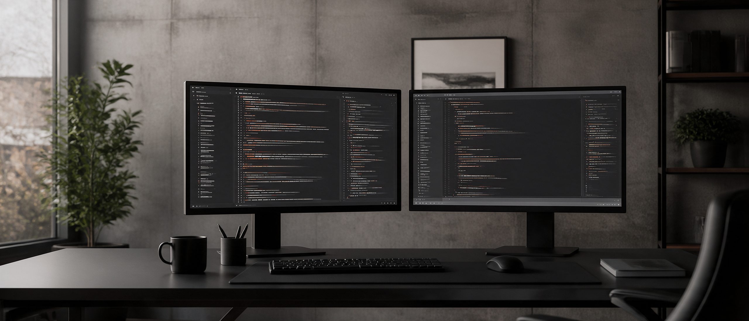 Dos monitores con un editor de código en una oficina de muros de concreto
