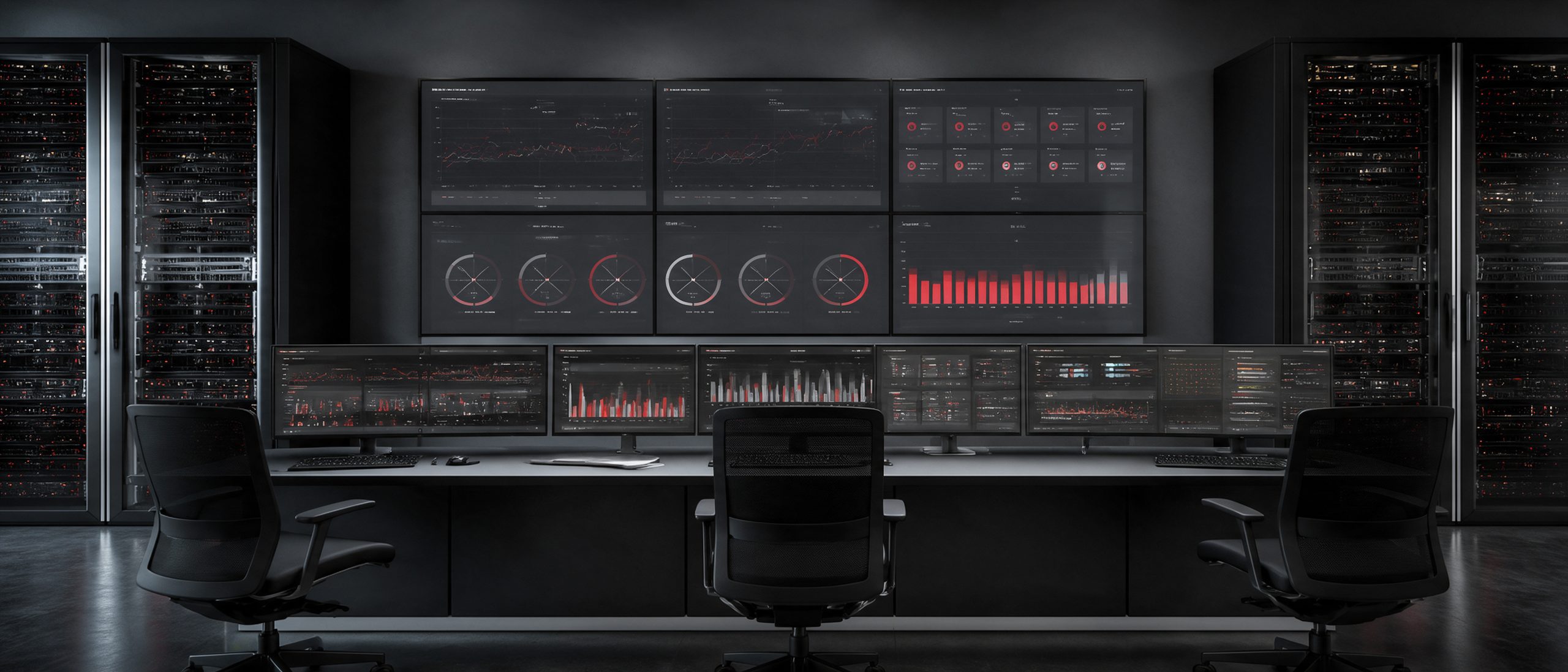 Muro de pantallas de monitoreo con gráficas de disponibilidad y racks de servidores