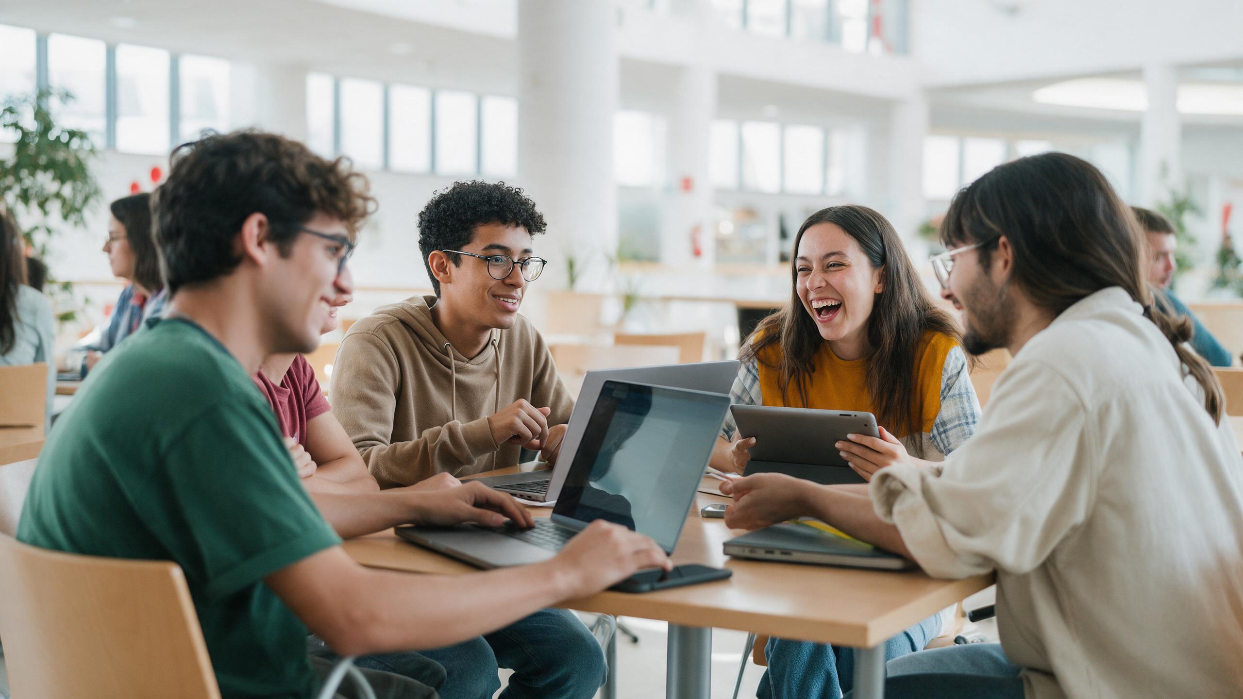 Estudiantes trabajando con laptops y tabletas alrededor de una mesa en un campus luminoso