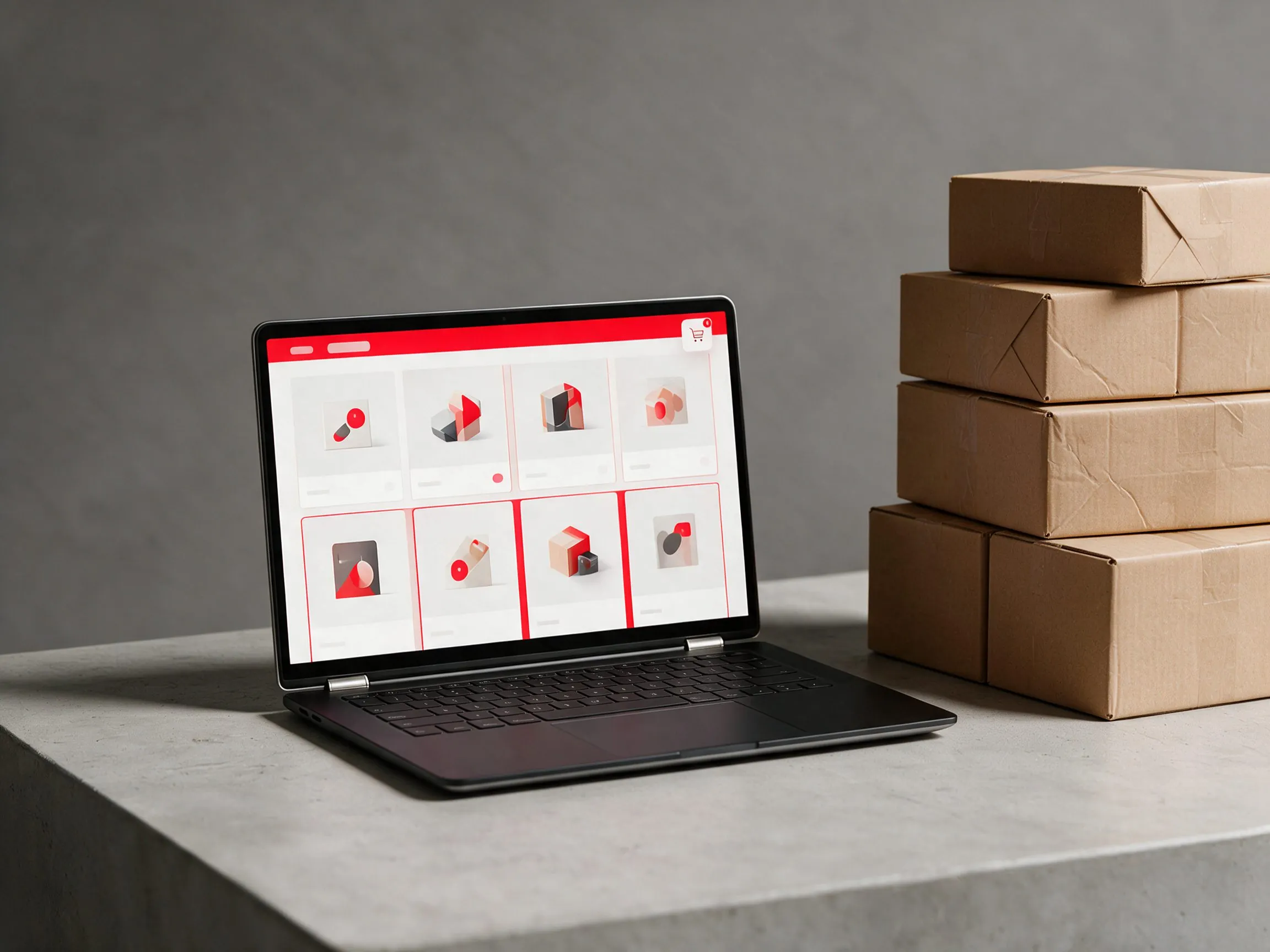 Laptop mostrando la rejilla de productos de una tienda en línea junto a cajas de envío
