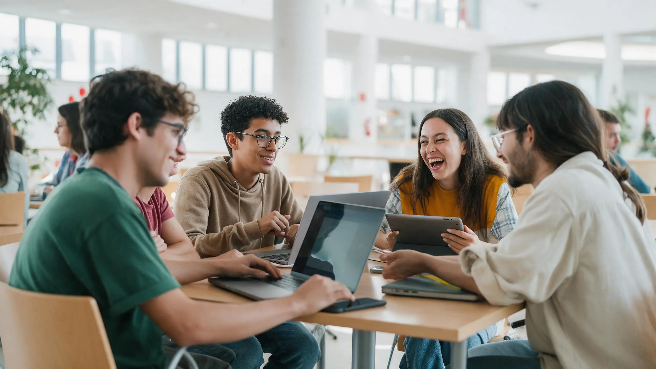 Estudiantes trabajando con laptops y tabletas alrededor de una mesa en un espacio luminoso