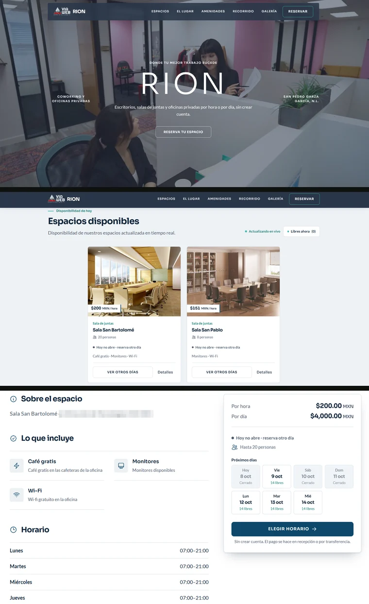 Sistema RION de reservas de coworking: sitio público, espacios disponibles y detalle de un espacio